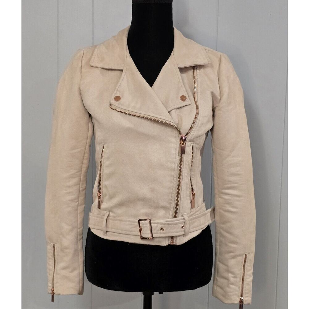 Lauren‎ Conrad Runway Cream Faux Suede Moto Jacket Rose Gold Zip Belted Size 2